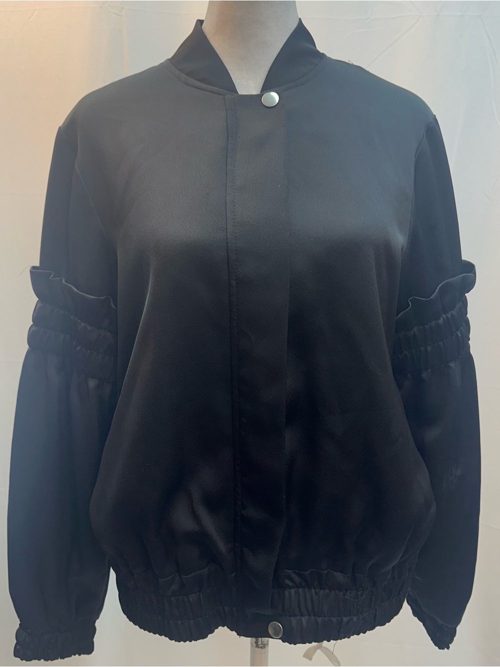 C/MEO Collective Black Bomber Jacket with Ruffle Sleeve Accents XS